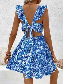 Vestido con estampado floral, dobladillo calado con volantes decorados, atuendo de vacaciones y playa para mujeres - Azul - Ver 1