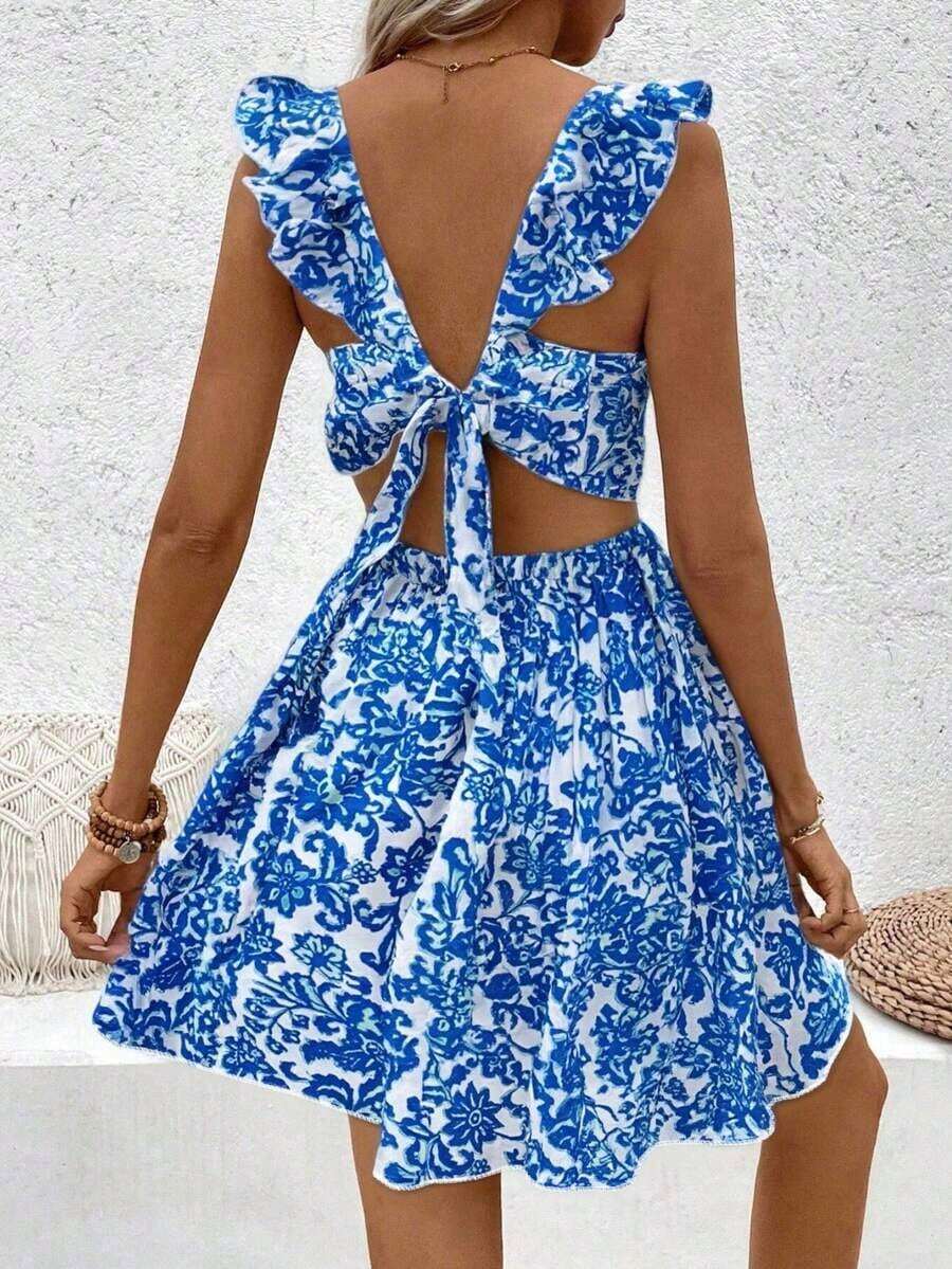 Vestido con estampado floral, dobladillo calado con volantes decorados, atuendo de vacaciones y playa para mujeres - Azul - Ver 1