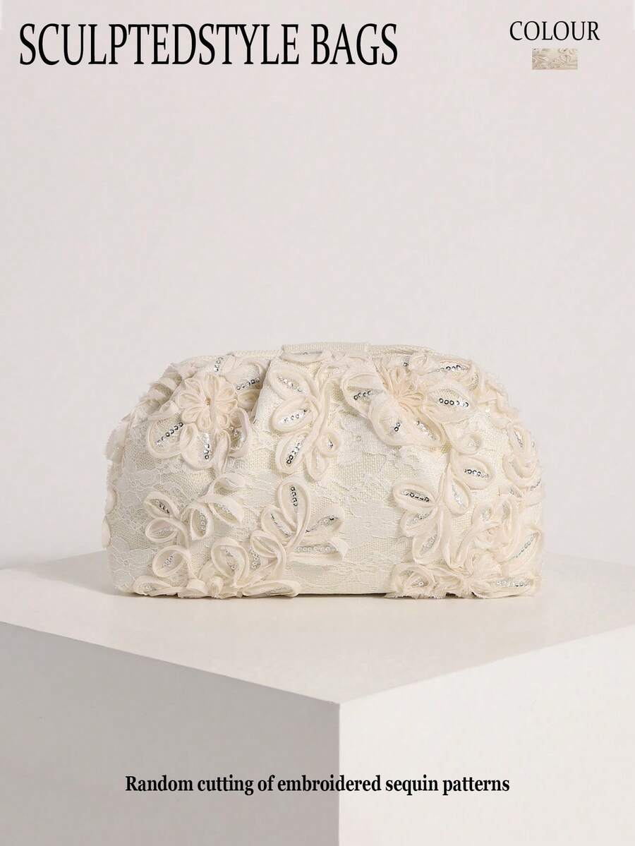 SCULPTEDSTYLE 包包 1 件装 米色柔软蕾丝荷叶边亮片拼接花卉图案褶皱云朵手拿包,时尚米色亮片装饰女士链条单肩包,波西米亚风格,适合海滩、度假、旅行、休闲场合 - 米色 - 查看 1