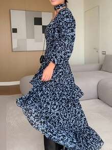 Vestido largo primavera 2026, holgado plisado con estampado, estilo casual elegante - Azul - Ver 3