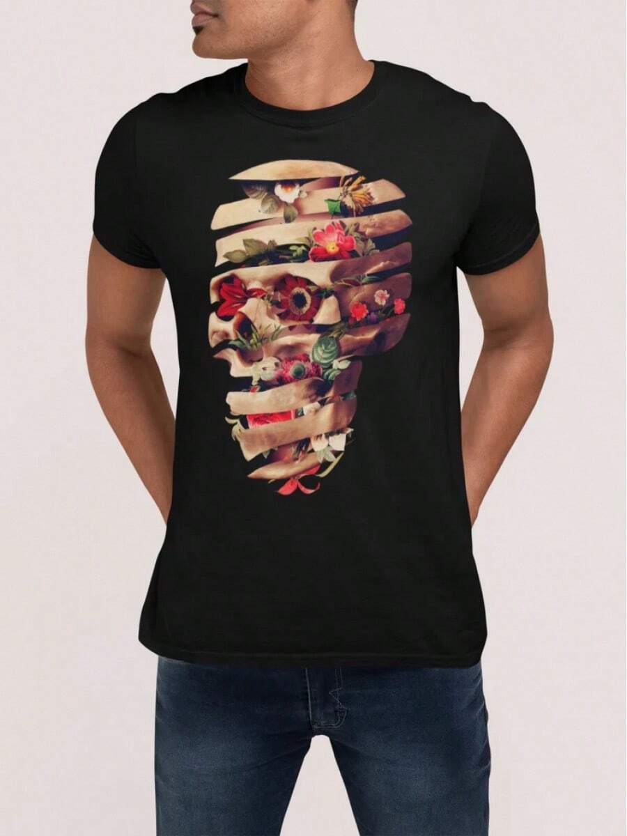 1 Piece, Floral Skull T-Shirt, Top With Artistic Skull And Flower Design, Suitable For Couples, Available In Sizes S-3XL, Unisex, Urban Fashion, Casual Summer Style, Elegant Women's Style, Cotton Crew Neck T-Shirt, For Everyday Wear. | Perfect Holiday Gift | 100% Cotton Fabric | Soft And Comfortable | Crew Neck T-Shirt | - 黑色 - 查看 1