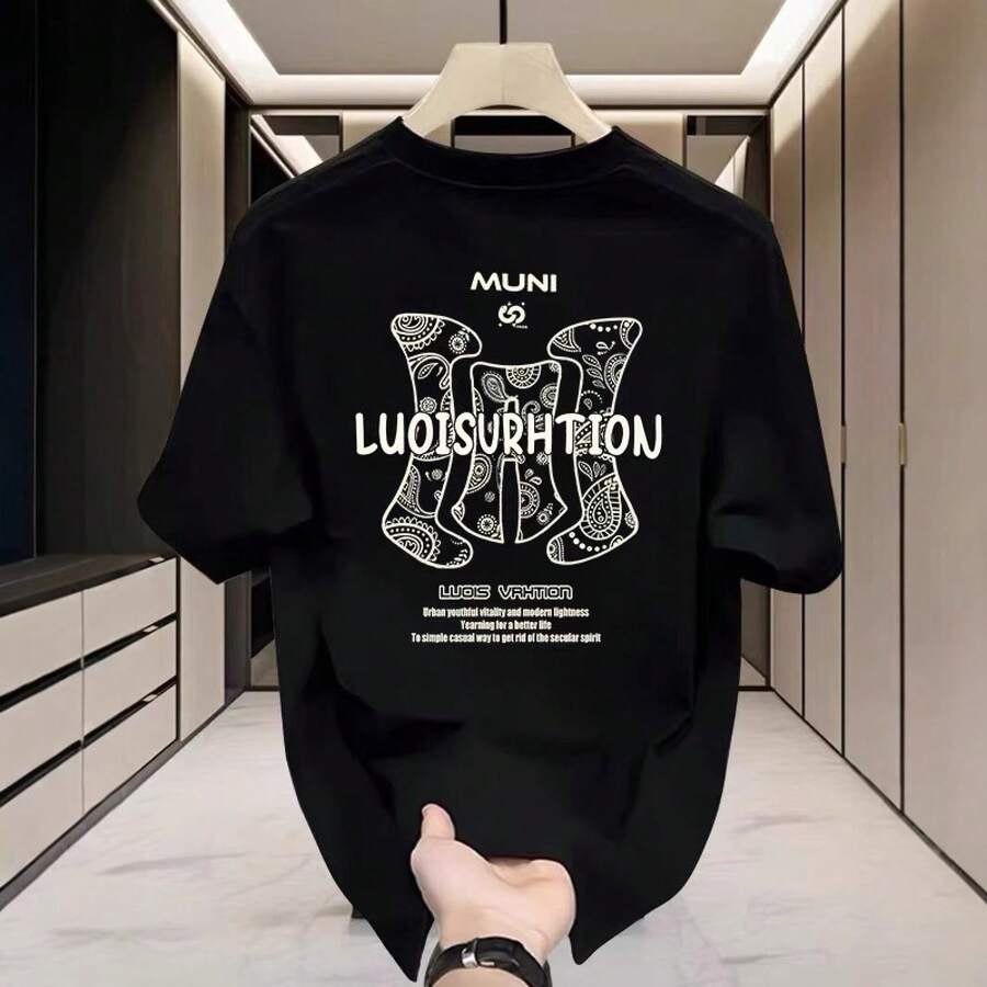 Nueva camiseta estampada de manga corta para hombre, estilo urbano moderno, camiseta de algodón de verano de manga corta personalizada con cuello redondo y hombros regulares para uso diario. OWGM - 250 g de algodón puro - negro - Ver 1