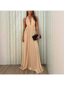 Women's 2026 Summer Corset Party Dress, Luxury Sexy V-Neck Backless Pleated Long - Apricot - View 3