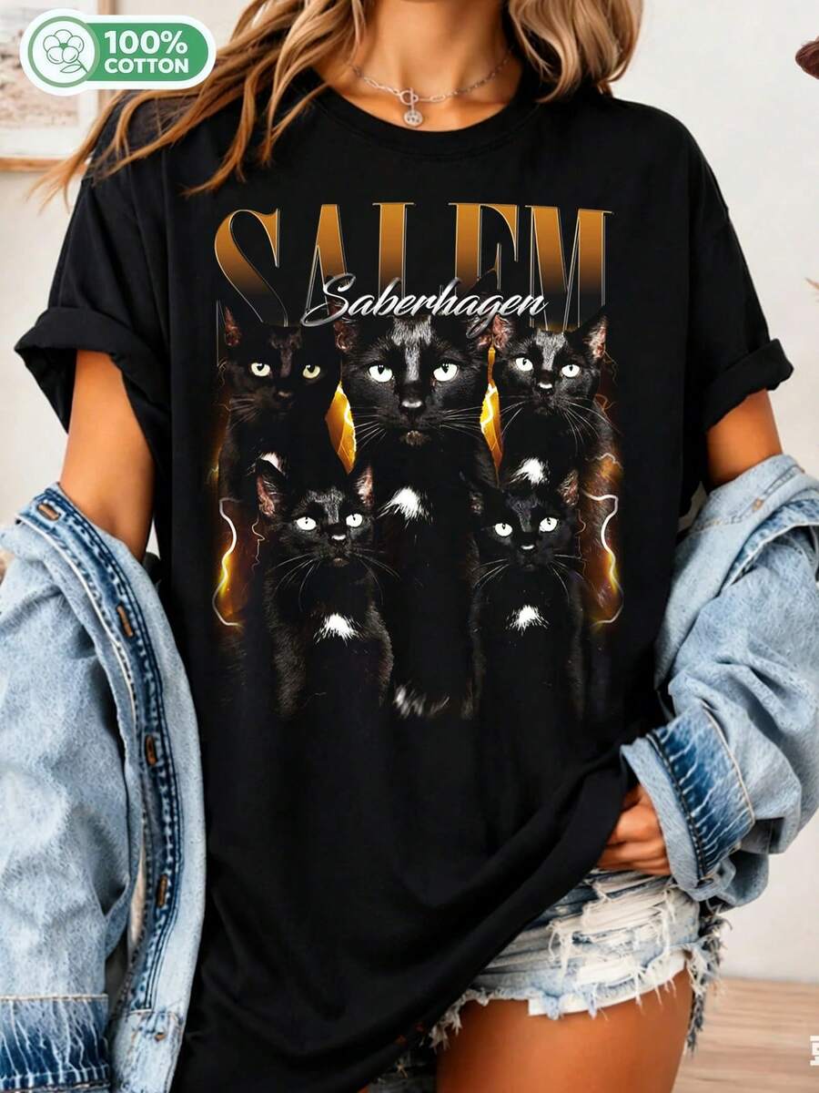 Salem Saberhagen T-Shirt, Sabrina The Teenage Witch, 90s Nostalgia TGIF, TV Sitcom Classic, Iconic Talking Black Cat, Witchy Aesthetic Gift - Black - View 1