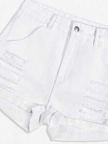 Shorts en mezclilla desgarro crudo bajo de doblez - Blanco - Ver 3