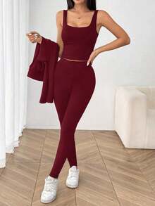 Conjunto deportivo de 3 piezas para mujer: Cárdigan de punto con cremallera + Camiseta + Pantalones en color negro - Burdeos - Ver 8