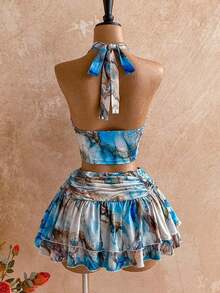Conjunto de 2 piezas de top sin mangas ajustado con cuello en V y falda mini de doble capa acampanada en color beige texturizado, atuendo de resort - Azul 2 - Ver 2