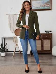Blazer casual de mujer de unicolor, cuello de solapa, manga larga, un botón, otoño - Verde militar - Ver 5