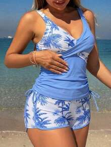 Swim Lushoire Bikini de vacaciones de primavera para mujer con estampado tropical de plantas, short tipo niño relajado y correas de espagueti que incluye traje de baño - Celeste - Ver 3