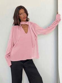 Blusa de mujer bohemia, romántica y elegante con cuello en V profundo, manga larga y lazo, para uso diario.Blusa elegante para mujer, ideal para primavera, el Día de San Valentín y salidas, en color blanco. - Rosa - Ver 7