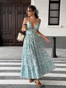 Vestido con dobladillo suelto de parches y corbata al cuello, estilo sencillo y casual para vacaciones para mujeres - Celeste - Ver 3