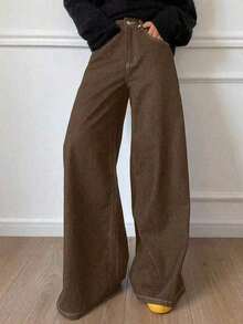 Jeans casuales de mujer de pierna ancha, unicolor, con bolsillo cargo suelto - Café integral - Ver 4