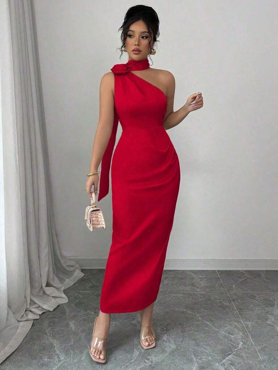 Elegante y sexy vestido ajustado tipo ajustado con hombros oblicuos de satén francés, cuello con flor 3D, cintura con fruncido y volante - Rojo 2 - Ver 1
