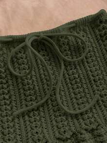 2 piezas Conjunto de top sin espalda de crochet y falda de cintura baja sexy para vacaciones, adecuado para festival de música, estilo bohemio, vacaciones, citas, té de la tarde - Verde Oliva - Ver 5