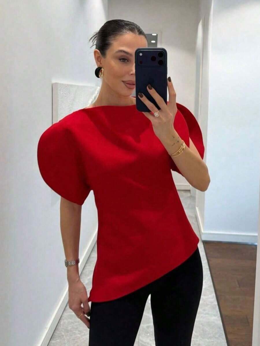 Blusa negra de mujer con cuello redondo, mangas de pétalos y bajo asimétrico, nueva y elegante para el verano - Rojo - Ver 1