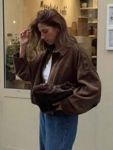 Chaqueta bomber de ante para mujer, abrigo exterior suelto con cuello de solapa, manga larga y cremallera, estilo de moda casual, primavera/otoño - Café integral - Ver 2