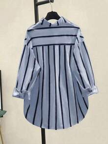 Camisa casual de mujer con bolsillo, hombros caídos, estampado de rayas verdes y parches, para primavera - Azul lavado oscuro - Ver 2
