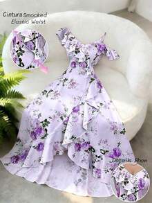 Vestido largo rosa de estilo retro romántico para mujer, con estampado floral, cuello oblicuo, volantes en el bajo e bajo irregular, ideal para vacaciones en la playa, reuniones diarias, citas y fiestas - Morado - Ver 7