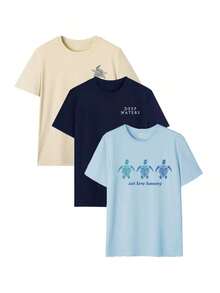 3 piezas Camisetas gráficas de estilo vacacional para mujer, de corte holgado, de manga corta y cuello redondo, ligeras y transpirables, impresas con "ALOHA", "ISLAND TIME", "TAKE ME TO THE MOUNTAINS", etc. , camisetas casuales bohemias, adecuadas para viajes a la playa, campamento, salidas de verano, picnic y uso diario - Multicolor 4 - Ver 2