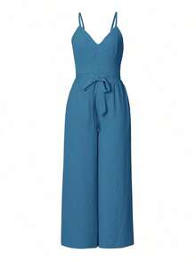 Conjunto de top de tirantes básico y pantalones de unicolor para mujeres, adecuado para uso diario - Azul - Ver 3
