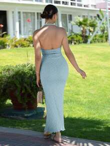 Nuevo vestido largo elegante y romántico de Día de San Valentín ajustado con cuello en V y costillas, color albaricoque, ajuste para verano - Celeste - Ver 2