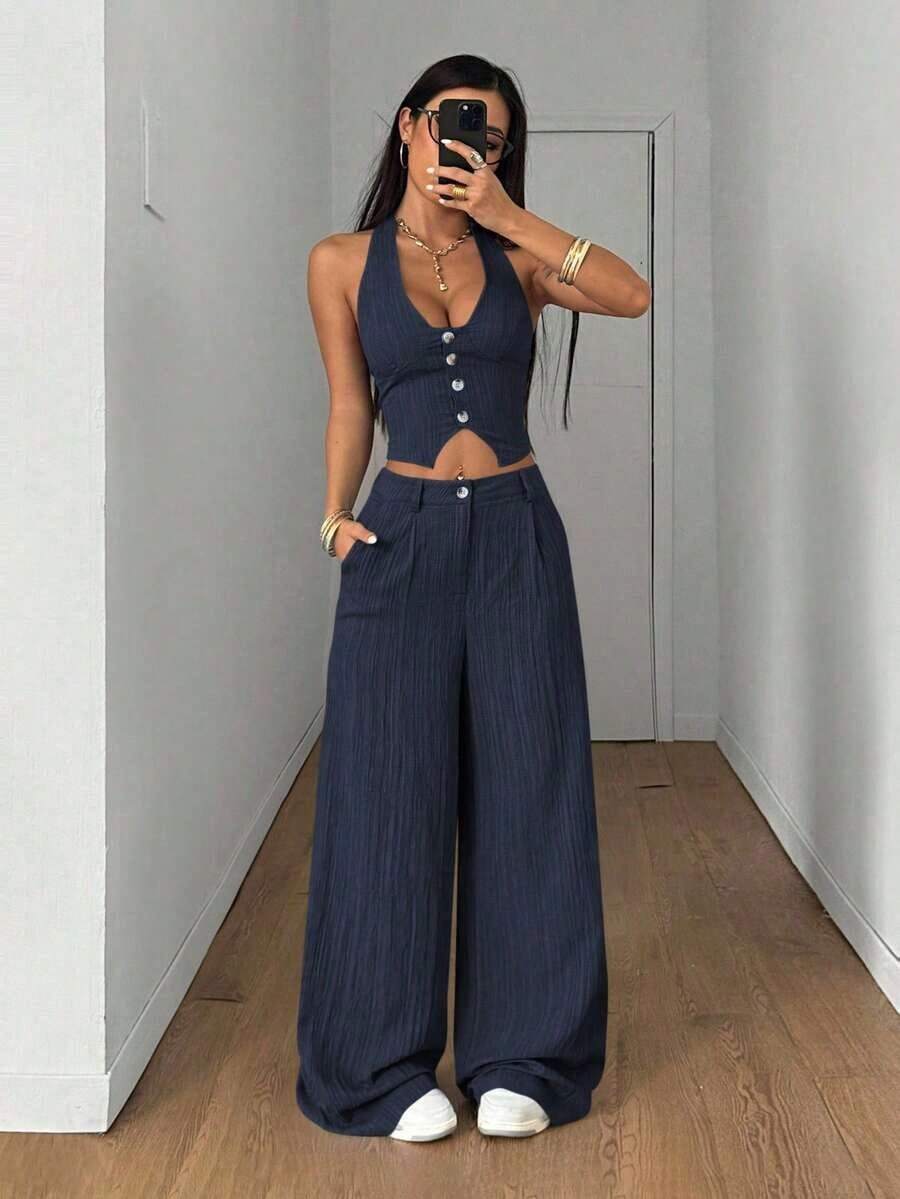 Conjunto de 2 piezas de chaleco y pantalones de unicolor de streetwear para mujer, para verano - Azul marino - Ver 1
