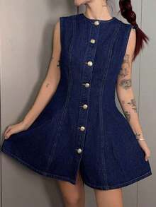 Vestido mini ajustado sin mangas de mezclilla para mujer, vestido de mezclilla azul con botones, vestido de mezclilla ajustado y acampanado para mujer - Azul lavado oscuro 2 - Ver 3