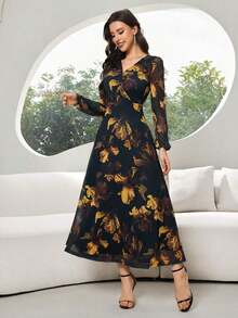 Vestido elegante de manga larga con cuello en V y estampado de bloques de color para mujer - Verde Oscuro 2 - Ver 2