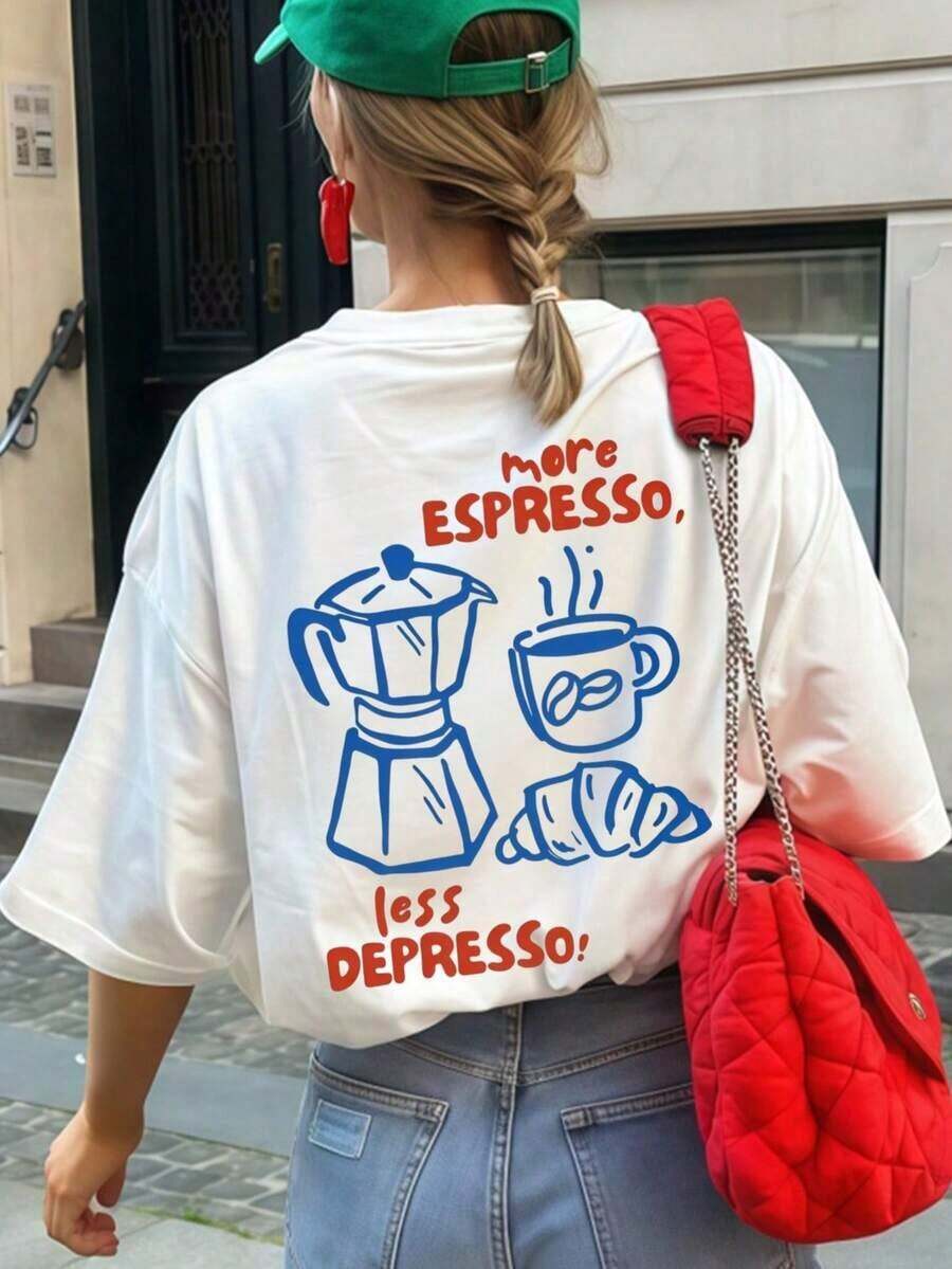 1 Women's Summer T-Shirt With Round Neck And Short Sleeves, Pink Heart And Coffee Cup Print, English Lettering, Casual And Versatile Loose Fit, Suitable For Summer, Beach, Street, Daily Wear, Work, Office Party, Going Out, Festival, Music Event, Valentine's Day, Party, White Color. - 白色 - 查看 1