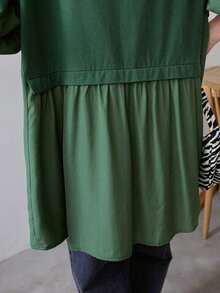 Camiseta de mujer holgada de cuello redondo informal con hombros caídos, camiseta oversize con volantes de verano - Verde - Ver 6