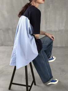 Camiseta minimalista de mujer con bloqueo de color y botones en la espalda, para uso casual diario, ropa de otoño - Azul - Ver 6