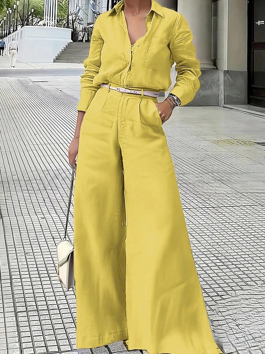 2 piezas Conjunto de ropa de verano elegante para mujer, ropa de verano casual ajustada, disfraz de carnaval que incluye camisa tipo cárdigan y pantalones de pierna ancha de cintura elástica, conjunto de Día de San Patricio para damas - Amarillo - Ver 1