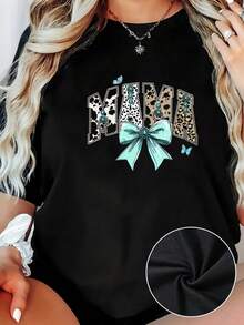 Camiseta Casual de Talla Grande para Mujer, Edición Especial Día de la Madre, Estampado de Lazo "Mamá", Manga Corta, Cuello Redondo, Ligero Elástico - Negro - Ver 2