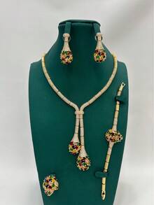 4pcs Rainbow Color Jewelry Set Suitable For Middle East Gala Parties, Popular Gold Necklace Set For Banquet, Daily Date, Formal Dress, Wedding Gown, Featuring Colorful Plated Chain, Teardrop Artificial Zirconia, Luxury Jewelry Set Including Necklace, Earrings, Ring, Bracelet, Sparkling Zirconia 5pcs Set, Necklace, Earrings, Ring, Bracelet, Suitable As Gift For Girlfriend, Mother, Teacher - four piece set - View 5
