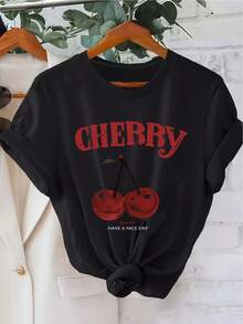 Cherry Print T-Shirt For Spring, Summer And Autumn, Short Sleeve And Round Neck, Casual Women's Clothing, Plus Size T-Shirt--Comfortable And Relaxed Shirt For Leisure Time. - 黑色 - 查看 1