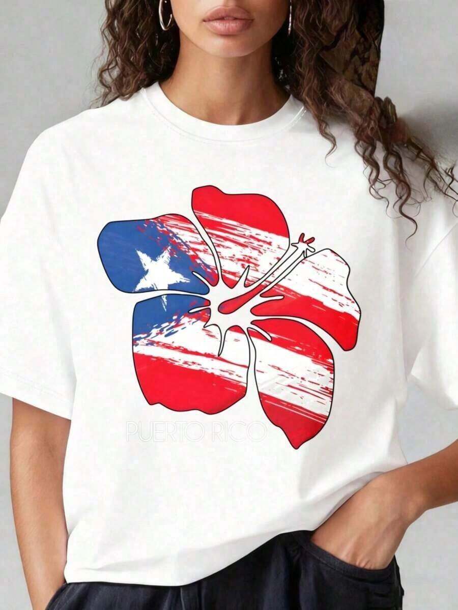 Women's Casual Round Neck Short Sleeve T-Shirt With Puerto Rican Flag And Hibiscus Flower Print. Women's Graphic Short Sleeve T-Shirt With Patriotic Puerto Rican Design. Suitable For Christmas, Group Sports, Vacations, Activities, Parties, And Other Holiday Gifts. Summer Clothing Sets For Women. EBRUFashion Refreshing T-Shirt - 白色 - 查看 1