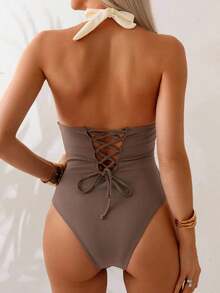 Traje de baño de una pieza con control de abdomen, estilo minimalista de unicolor, con escote halter y espalda descubierta, para vacaciones de verano en la playa - Marrón 2 - Ver 7