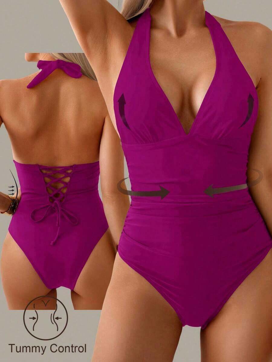 Traje de baño de una pieza con control de abdomen, estilo minimalista de unicolor, con escote halter y espalda descubierta, para vacaciones de verano en la playa - Rojo violeta - Ver 1