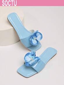 SOCTU Summer New Butterfly Flower Slide Sandals Women's Beach Slippers Versatile Square Toe Flat Sandals - Blue - View 3