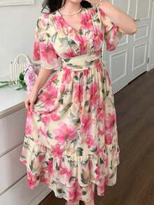 Vestido de longitud media con cuello en V, mangas con volantes y estampado floral para vacaciones, vestido de Pascua bohemio para mujer - Rosa coral - Ver 4