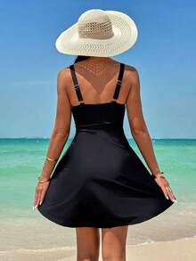 Swim Lushoire Conjunto casual de verano para playa de mujer - Traje de baño con falda de diseño retorcido y shorts de baño - Negro - Ver 2