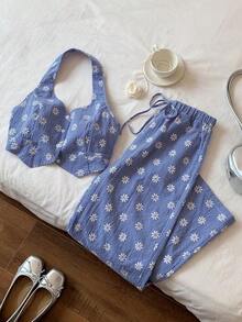 Conjunto de top de tirantes y pantalones casuales relajados con estampado de margaritas bordadas en cuadros azules y blancos para mujer en otoño/invierno - Azul y blanco - Ver 1