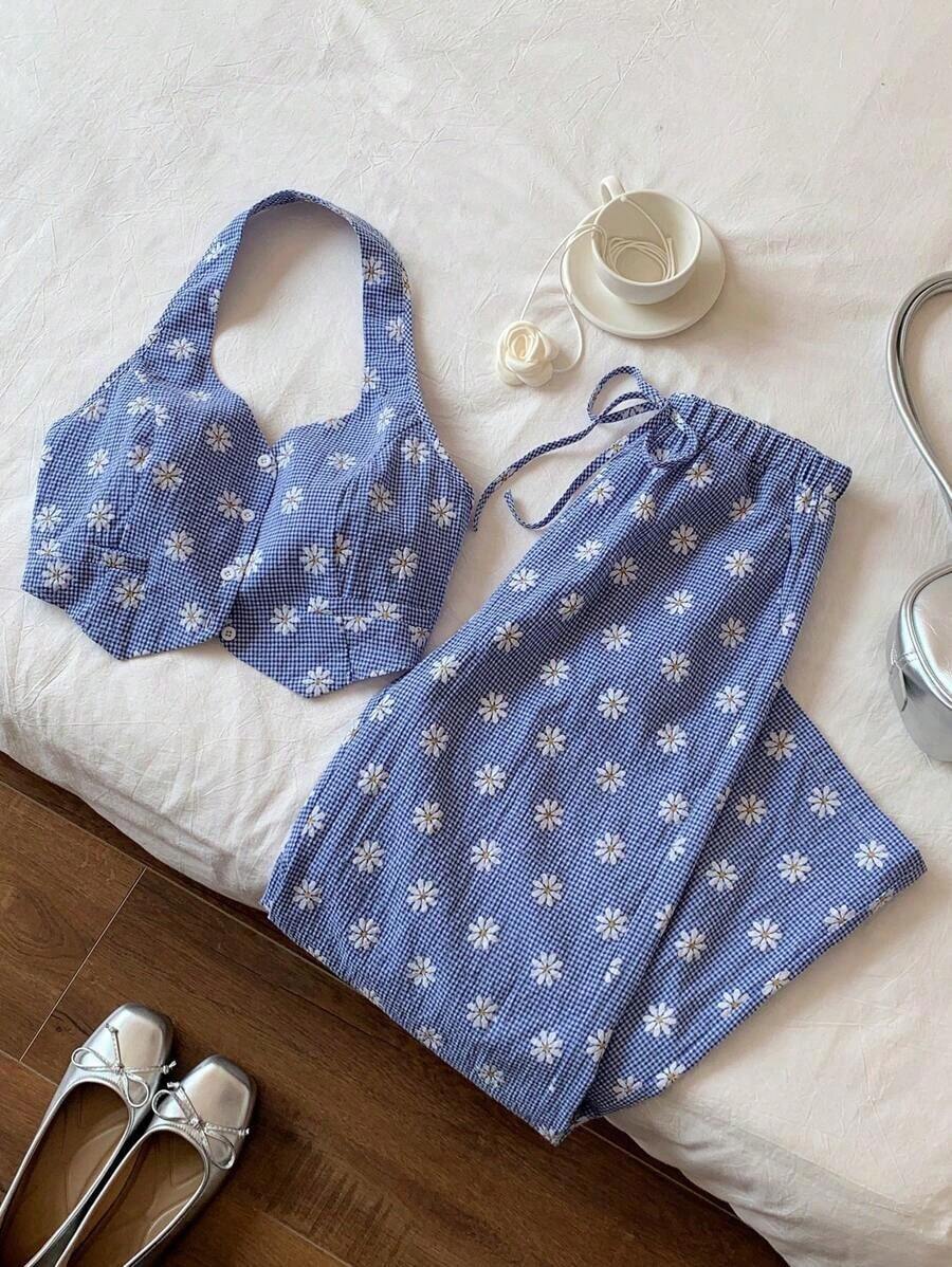Conjunto de top de tirantes y pantalones casuales relajados con estampado de margaritas bordadas en cuadros azules y blancos para mujer en otoño/invierno - Azul y blanco - Ver 1