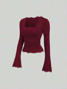 Conjunto de camiseta casual con cuello de encaje y mangas acampanadas estilo vintage francés para mujer, otoño - Multicolor 4 - Ver 3