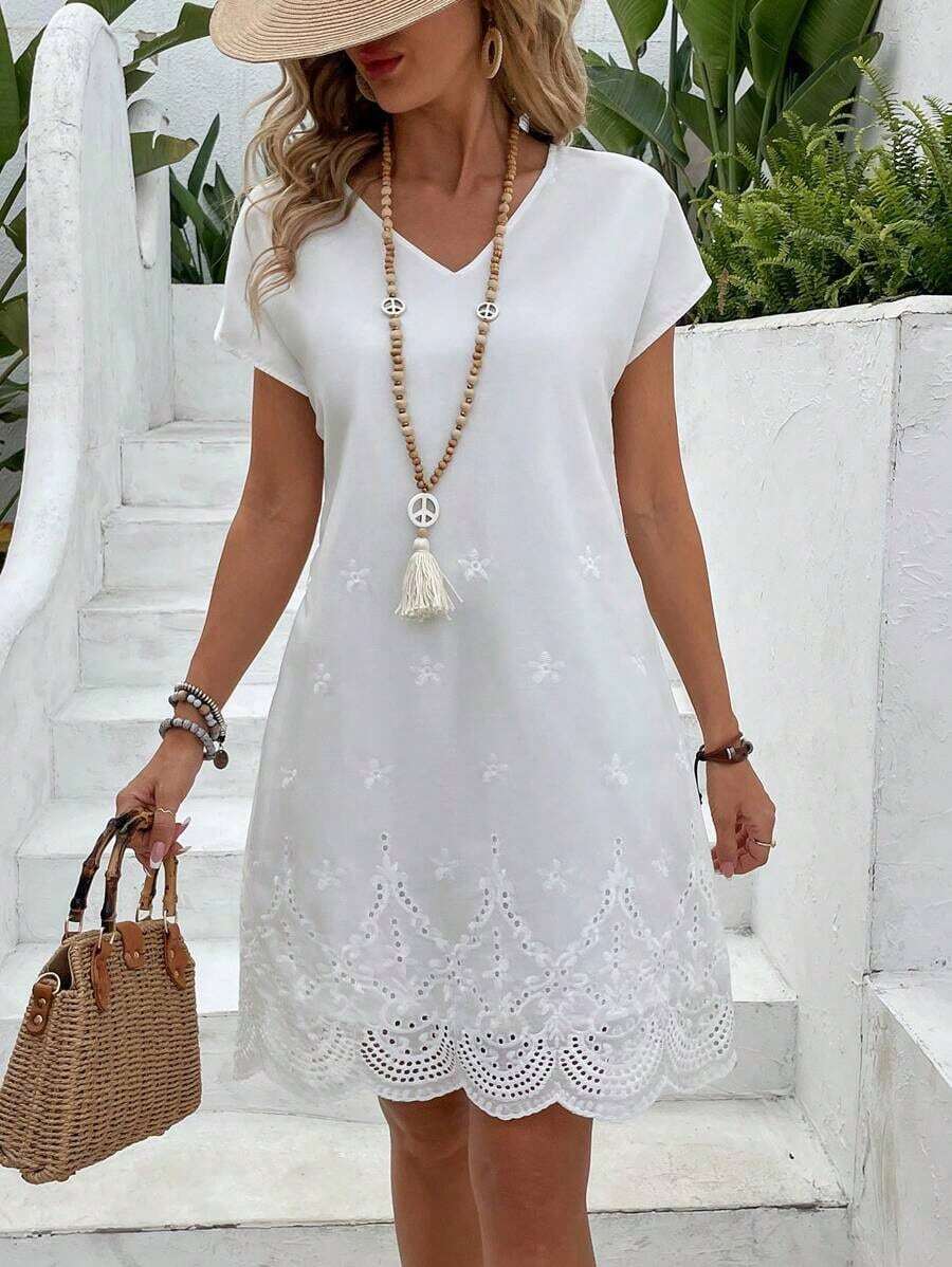 Faunlyn Vestido de verano para dama con cuello en V bordado, lazo y detalles ahuecados - Blanco - Ver 1