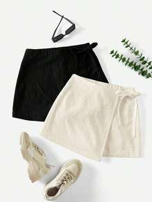 Paquete de 2 shorts casuales de verano para mujer de unicolor con dobladillo asimétrico retorcido, falda con shorts con lazo, shorts de lino para mujer - Albaricoque - Ver 1