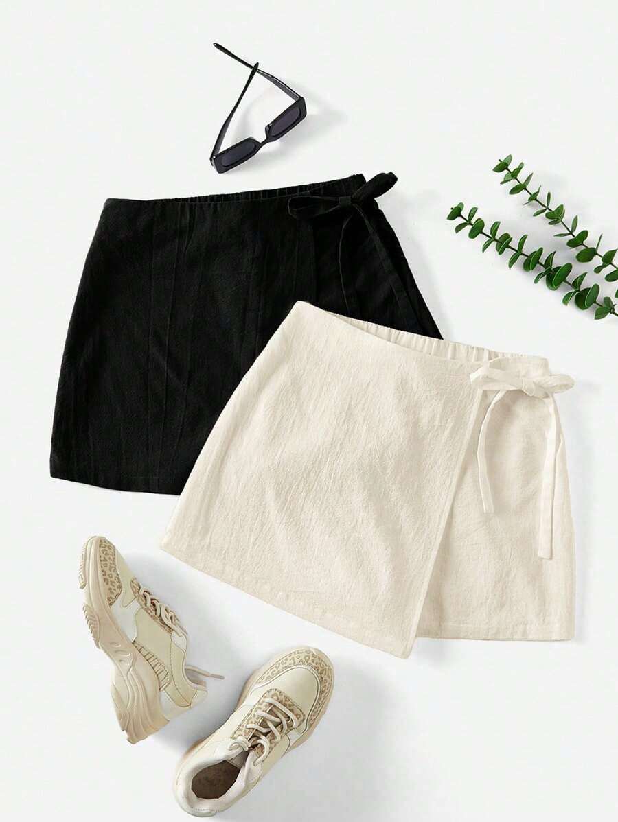 Paquete de 2 shorts casuales de verano para mujer de unicolor con dobladillo asimétrico retorcido, falda con shorts con lazo, shorts de lino para mujer - Albaricoque - Ver 1