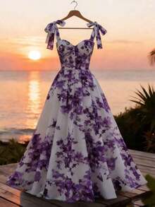 Vestido elegante con estampado floral y hombros con lazo para vacaciones - Morado - Ver 4
