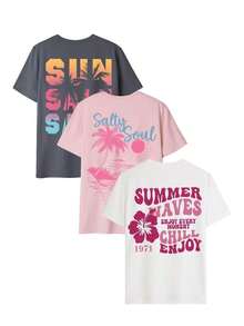 Conjunto de 3 camisetas de manga corta con cuello redondo para mujer, estampadas con letras coloridas, paisajes marinos, tortugas, cangrejos, conchas y medusas, versátiles para vacaciones y ocio, primavera.|Moda Urbana Local de Primavera/Verano||Uso Casual Diario Primavera Verano Moderno Moldeador|Conjunto de verano para mujer, ropa de vacaciones|Blusas elegantes para mujer, ropa de primavera, blusas de verano. - Negro - Ver 3