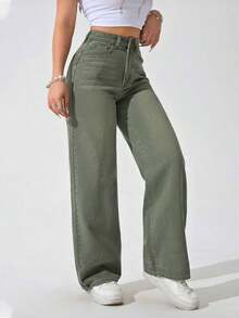 Jeans de mezclilla casuales de unicolor para mujer - Verde militar - Ver 4